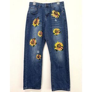 Miss Look Womens Sunflower Jeans Medium Hippie Boho Cosplay Distressed Casual